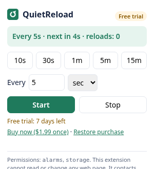 QuietReload popup: Every 5s, next in 4s, reloads: 0
